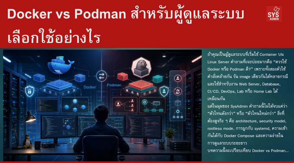 Docker vs Podman สำหรับผู้ดูแลระบบ เลือกใช้อย่างไร